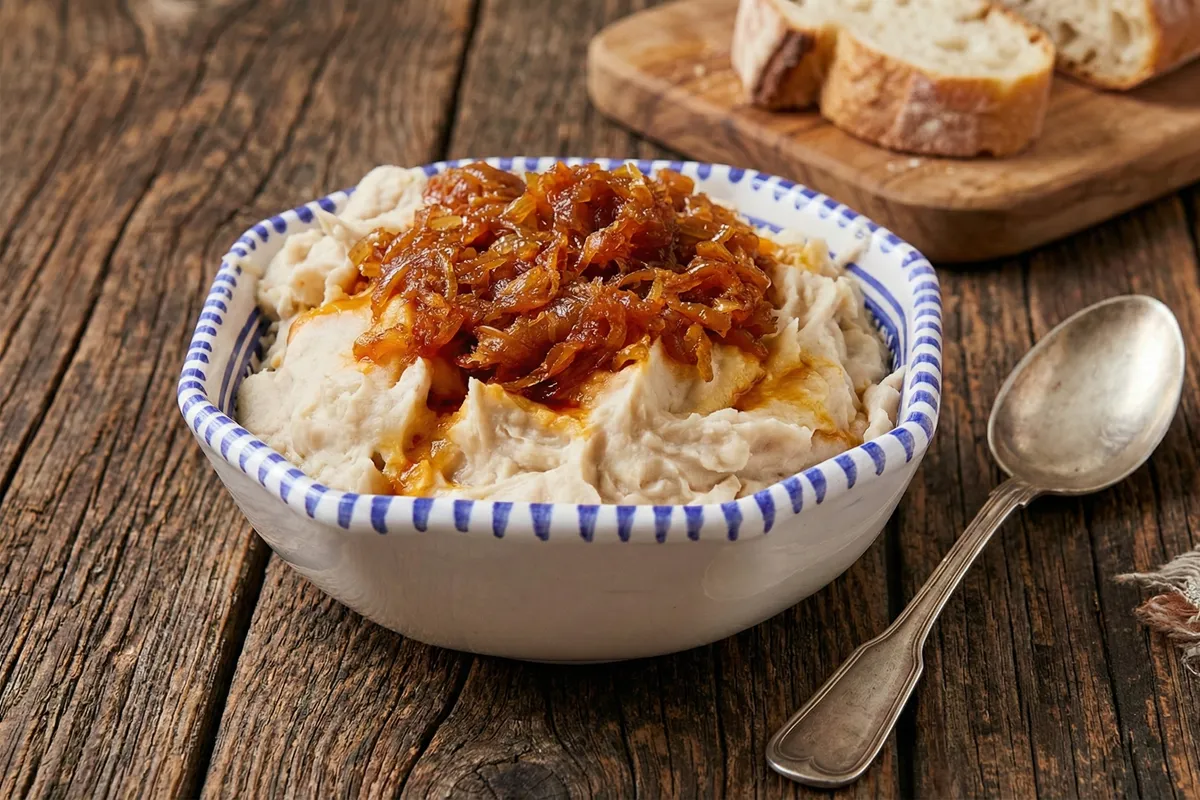 Fasole bătută cu ceapă caramelizată, cremoasă și aromată