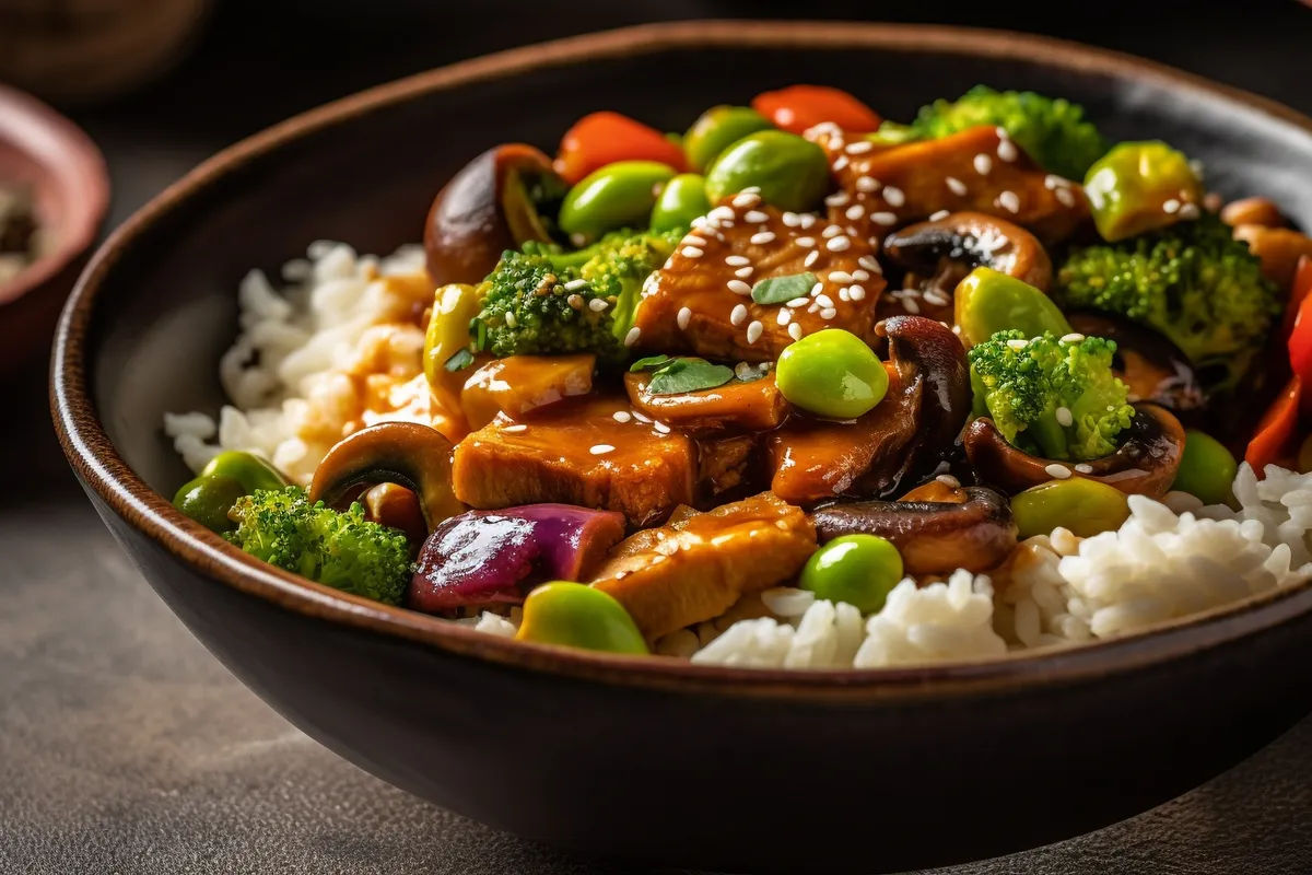 Pui teriyaki cu orez și broccoli
