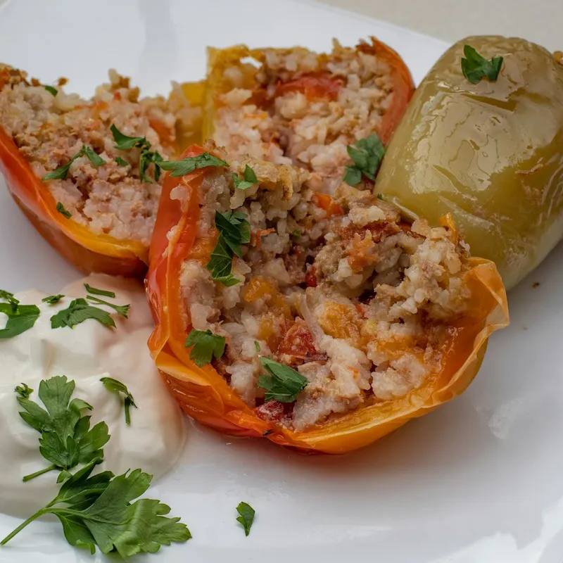 Ardei umpluți de post cu ciuperci și orez la airfryer, cu sos de roșii ca la mama acasă