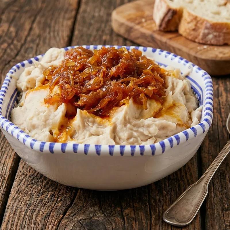 Fasole bătută cu ceapă caramelizată, cremoasă și aromată