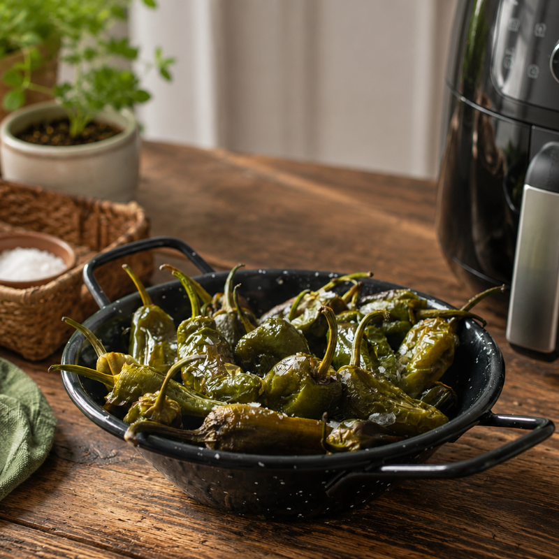 Pimientos de Padrón la airfryer cu sare de mare și ulei de măsline