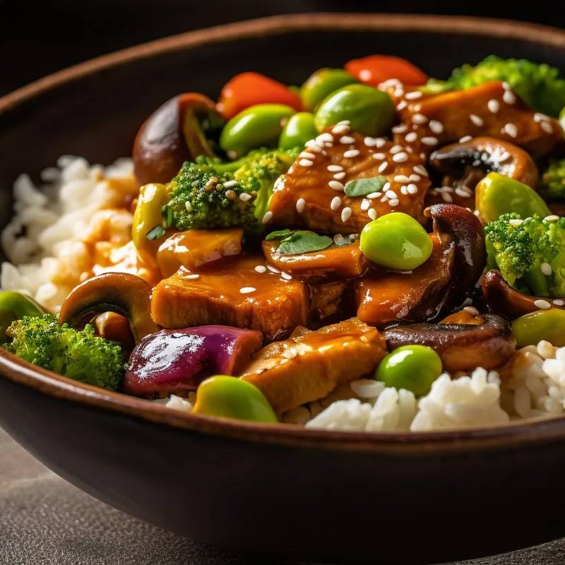 Pui teriyaki cu orez și broccoli