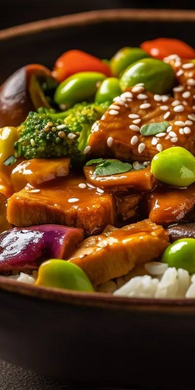 Pui teriyaki cu orez și broccoli