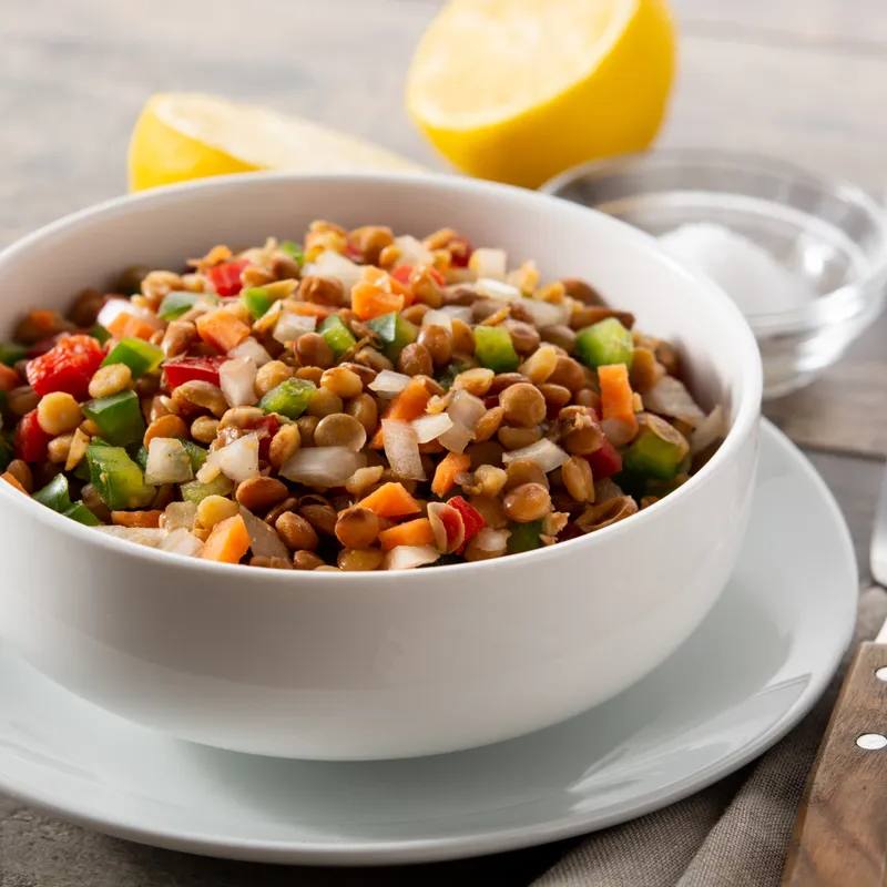 Salată caldă de linte cu roșii și ceapă la airfryer