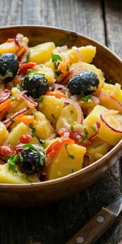 Salată orientală de post cu măsline și ceapă roșie, cu cartofi și dressing acrișor